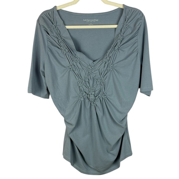 Soft Surroundings Tops - Soft Surroundings Cotton Blend Slate Blue Fitted V-neck Ruched Detail Med Top